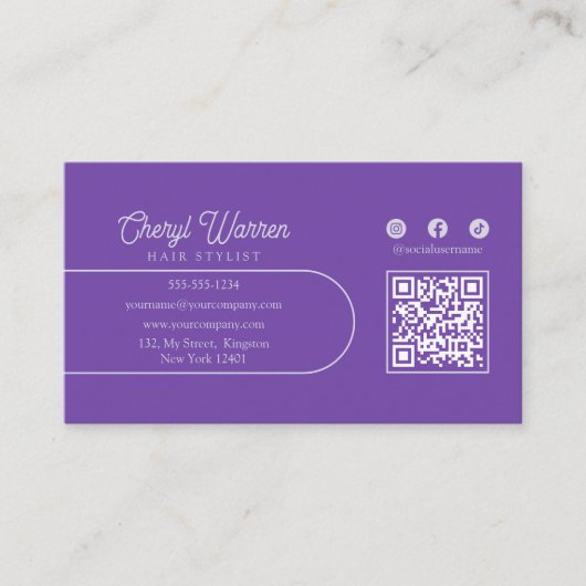 Carte De Visite Élégant coiffeur Script violet minimal QR Code (Devant)