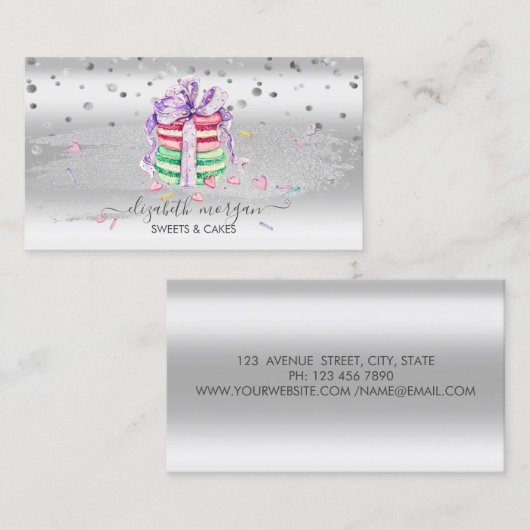 Carte De Visite Elégant Confetti Argent, Brush Stroke, Macarons (Devant / Derrière)
