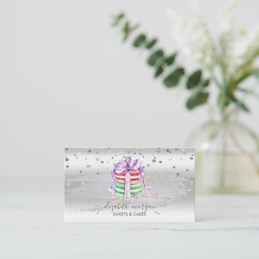 Carte De Visite Elégant Confetti Argent, Brush Stroke, Macarons (Debout devant)