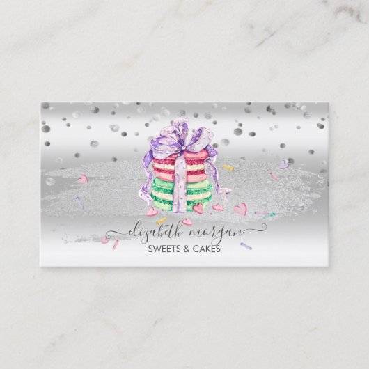 Carte De Visite Elégant Confetti Argent, Brush Stroke, Macarons (Devant)