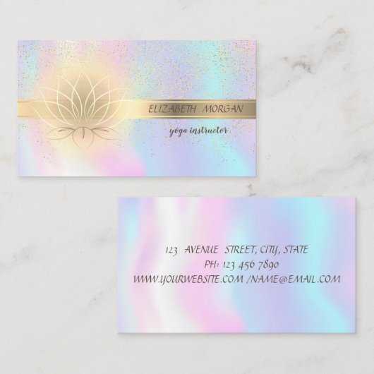 Carte De Visite Elégant Confetti Or, Lotus, Holographique (Devant / Derrière)
