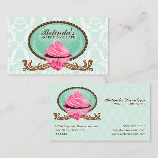 Carte De Visite Élégant Cupcake Bakery Damask (Devant / Derrière)