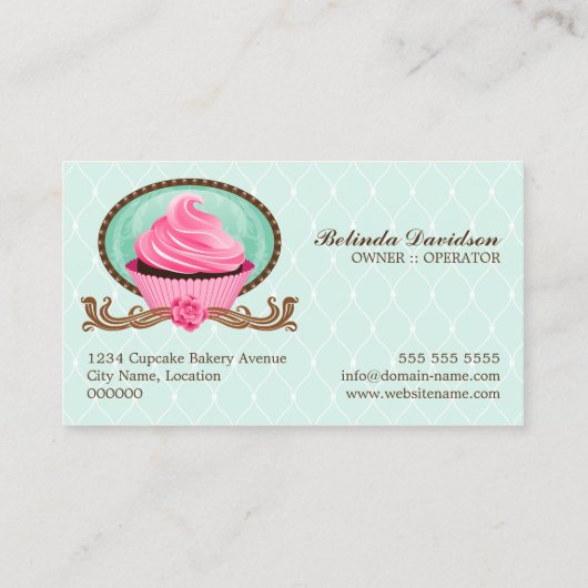 Carte De Visite Élégant Cupcake Bakery Damask (Dos)