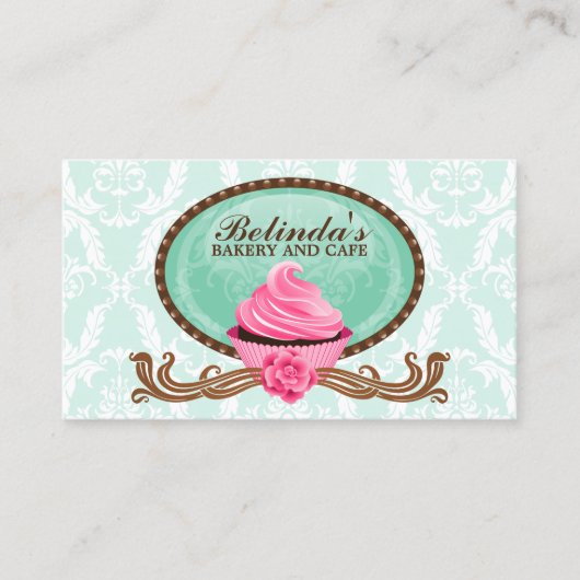 Carte De Visite Élégant Cupcake Bakery Damask (Devant)