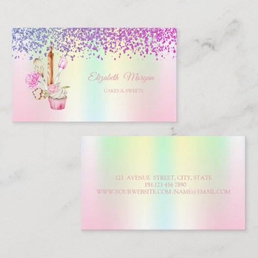 Carte De Visite Elégant Cupcake, Outils de boulangerie Fleurs Holo (Devant / Derrière)
