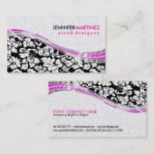 Carte De Visite Élégant Damas Noir & Blanc Avec Accents Rose (Devant / Derrière)