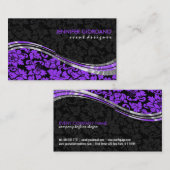 Carte De Visite Élégant Damas Noir & Violet Avec Accents Argent (Devant / Derrière)