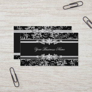 Carte De Visite Elegant Damask Argent Black Jewel Look Image