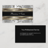 Carte De Visite Elégant Damask Silver Pewter Chrome Metal Noir (Devant / Derrière)