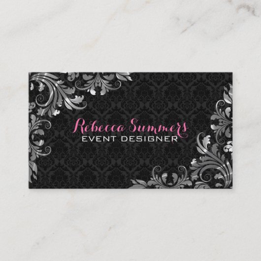 Carte De Visite Élégant dentelle argentée noir Damas (Devant)