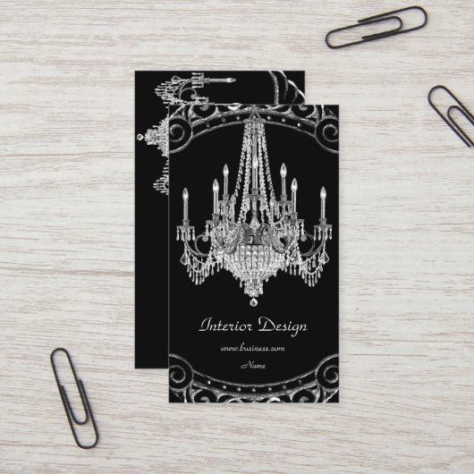 Carte De Visite Élégant Design d'intérieur de lustre noir argent (Devant/Arrière en situation)