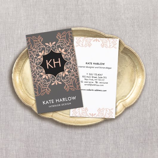 Carte De Visite Élégant Design d'intérieur Rose or Ornate Monogram