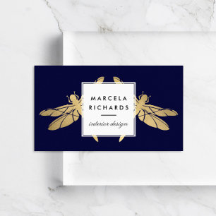 Carte De Visite Elégant Duo de libellules d'or Faux sur Dark Navy