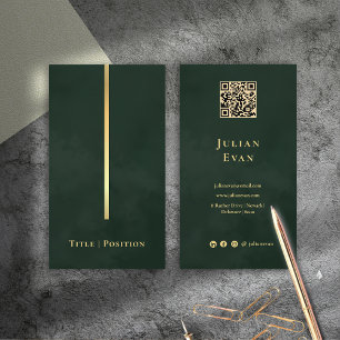 Carte De Visite Élégant Emerald foncé vert & or code Qr