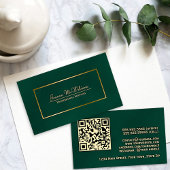 Carte De Visite Élégant Emerald Green & Gold Professional QR Code