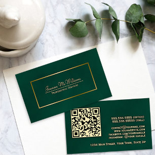 Carte De Visite Élégant Emerald Green & Gold Professional QR Code