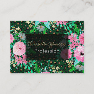 Carte De Visite Élégant Empreinte de léopard rose floral vert desi