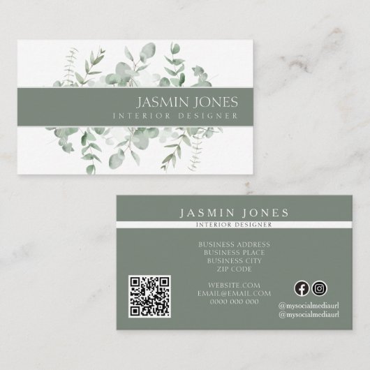 Carte De Visite Elegant Eucalyptus Greenery Interior Designer (Devant / Derrière)