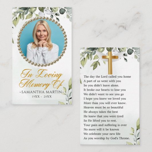 Carte De Visite Elégant Eucalyptus Photo Funeral Prayer Card (Devant / Derrière)