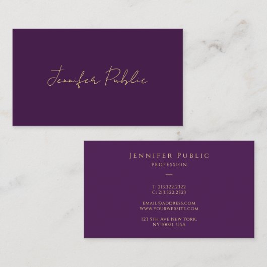 Carte De Visite Élégant Faux Gold Calligraphie Script Texte Violet (Devant / Derrière)