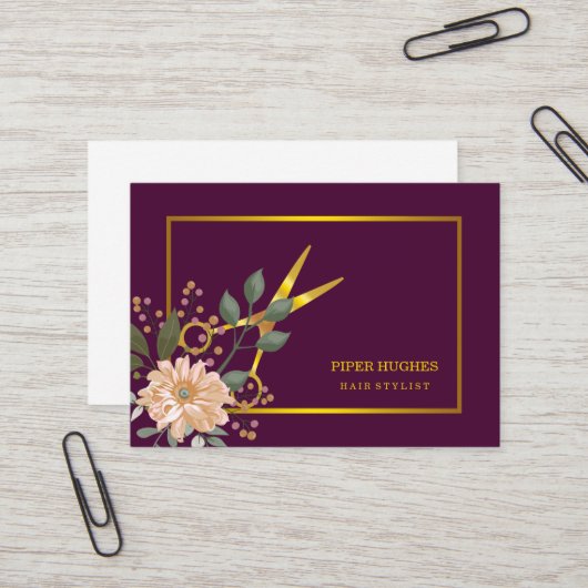 Carte De Visite Elégant faux or ciseaux chic coiffeur (Devant/Arrière en situation)