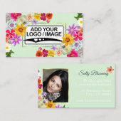 Carte De Visite Élégant Fleur sauvage vert clair avec logo et phot (Devant / Derrière)