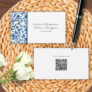 Carte De Visite Élégant floral bleu avec code QR