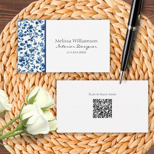 Carte De Visite Élégant floral bleu avec code QR