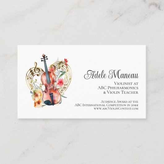 Carte De Visite Élégant Floral QR Code Violon enseignant violonist (Devant)