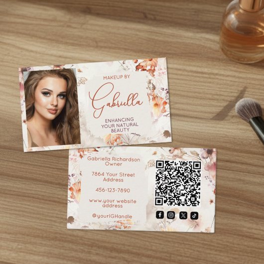 Carte De Visite Elegant Floral Social Icon QR Code Photo Makeup