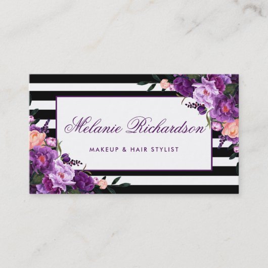 Carte De Visite Élégant Floral Violet Ultra Violet rayé (Devant)