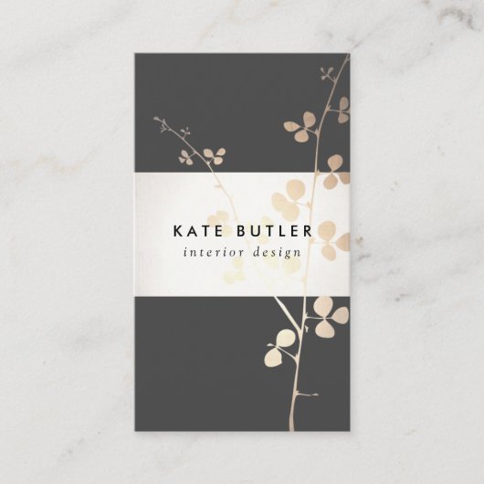 Carte De Visite Elegant Gold Black Branche Designer d'intérieur (Devant)