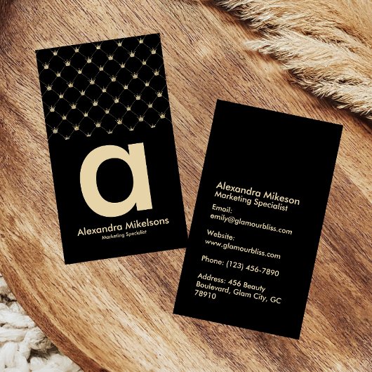 Carte De Visite Elegant Gold Crown Grid Black Minimal
