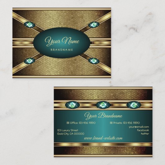 Carte De Visite Elégant Gold Effects Turquoise avec Faux Rhineston (Devant / Derrière)