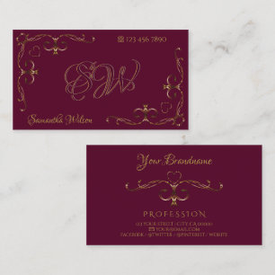 Carte De Visite Elégant Gold Ornate Corners Bourgogne avec Initial