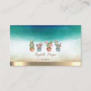 Carte De Visite Elégant Gold Stripe Aquarelle Succulents
