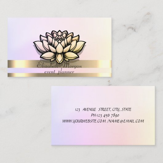 Carte De Visite Elégant Gold Stripes Holographique Chic Lotus (Devant / Derrière)