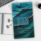 Carte De Visite Elegant Gold & Turquoise Agate, QR Code Logo Pro
