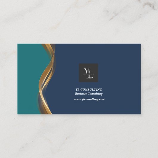 Carte De Visite Elegant Gold Wave Blue Logo Turquoise Code QR (Devant)