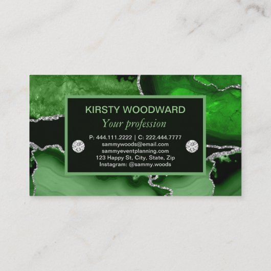 Carte De Visite Elegant Green and Silver Faux Glitter Agate (Dos)