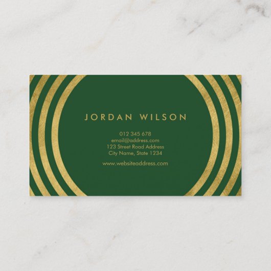Carte De Visite Élégant Green Faux Gold Round Lines Consultant (Dos)