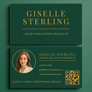 Carte De Visite Elegant Green Gold Real Estate Agent QR Code