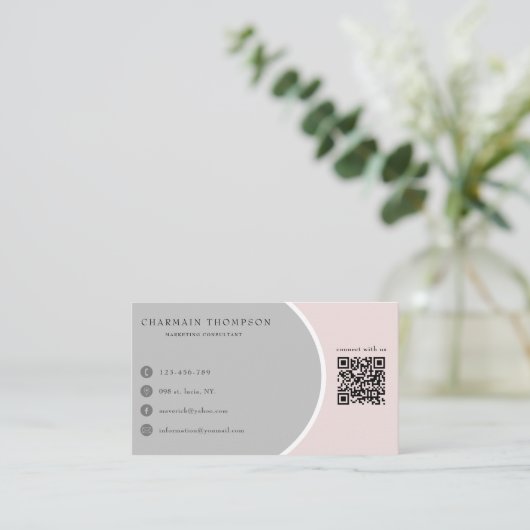 Carte De Visite Elégant gris bleu rose QR Code Connectez-vous avec (Debout devant)