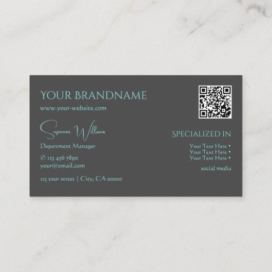 Carte De Visite Élégant gris Turquoise avec Monogramme et QR-Code (Dos)