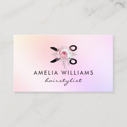 Carte De Visite Elégant holographe ciseaux floral coiffeuse (Devant)