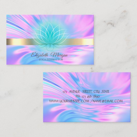 Carte De Visite Elégant Holographe Holographique Or Stripe, Lotus (Devant / Derrière)