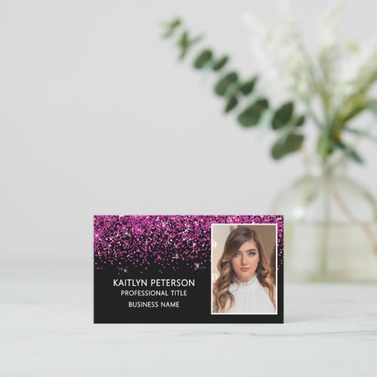 Carte De Visite Elegant Hot Pink Glitter Photo QR Code (Debout devant)