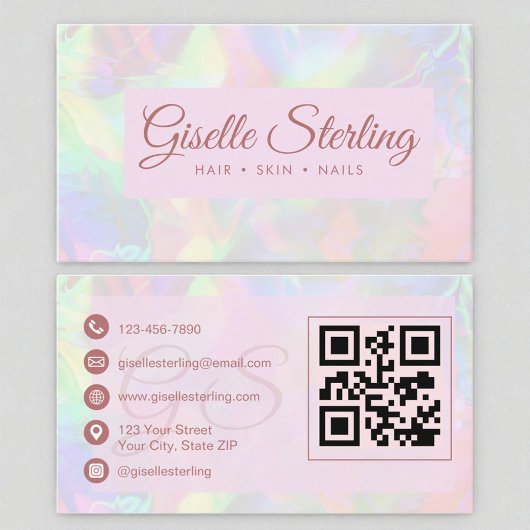 Carte De Visite Élégant Iridescente Opal Stone Rose Script Code QR
