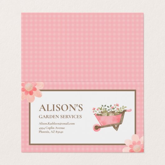 Carte De Visite Elégant Jardin rose En vichy aquarelle (Extérieur déplié)