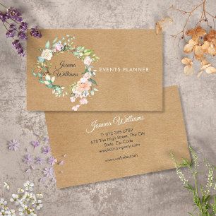Carte De Visite Élégant Kraft Bohème Guirlande Florale Rose Rustiq